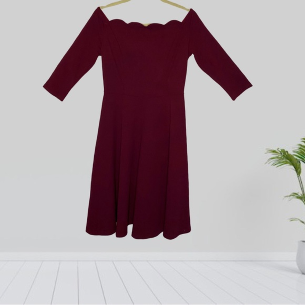 MissMay Wine Red Scalloped Knee Length Stretchy Retro Fit Flare Dress Sz Medium‎